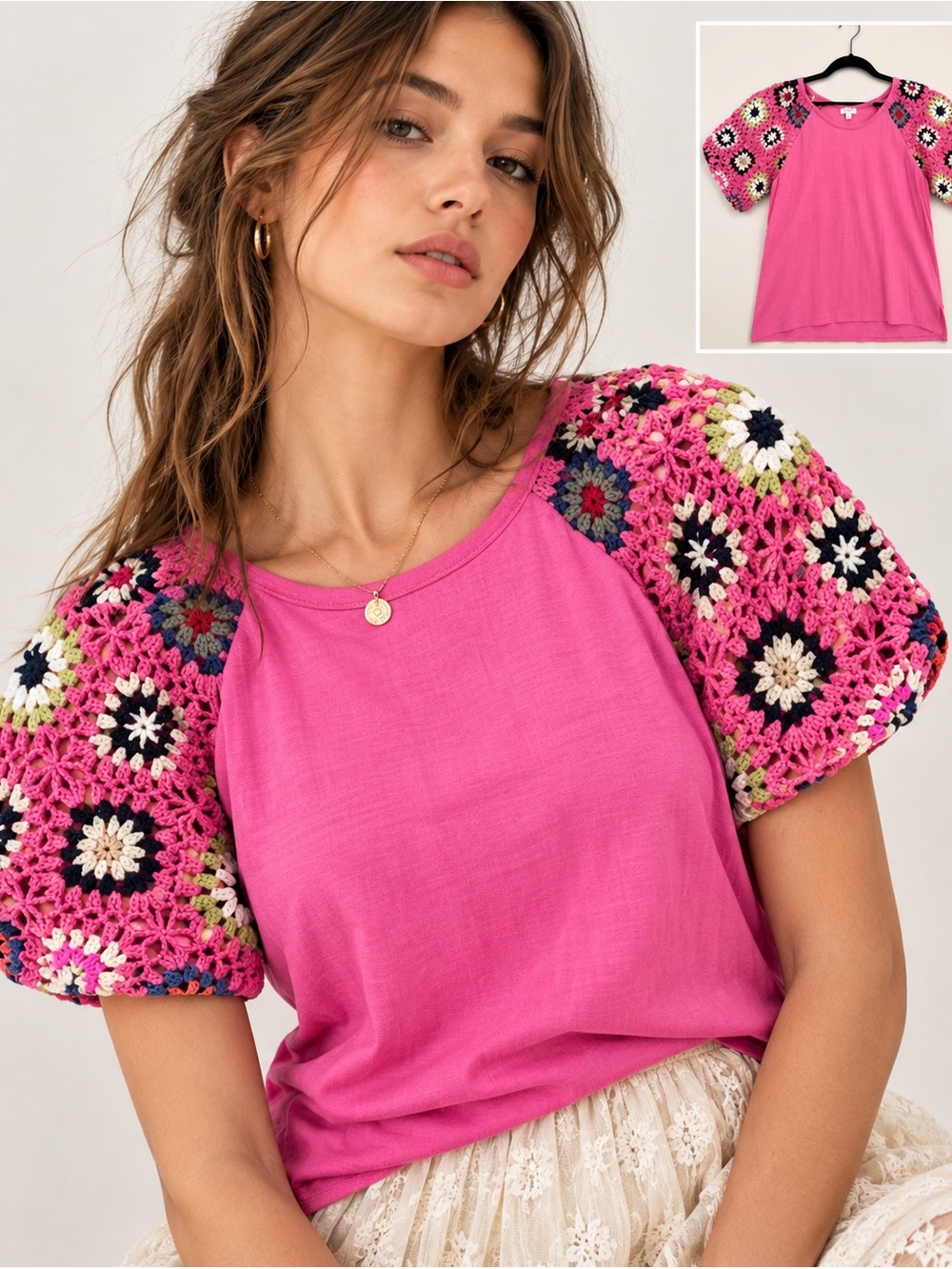 Umgee Pink Granny Square Crochet Sleeve Too Boho Cottagecore Festival